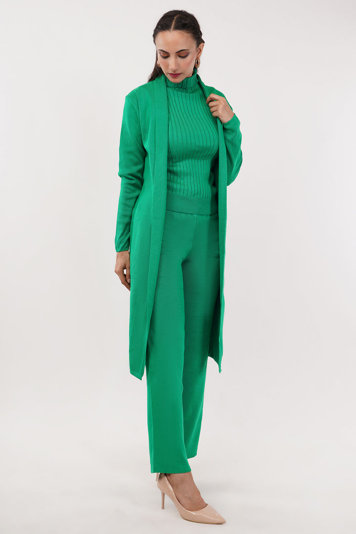 Green 3 pcs wollen cord set with Cape