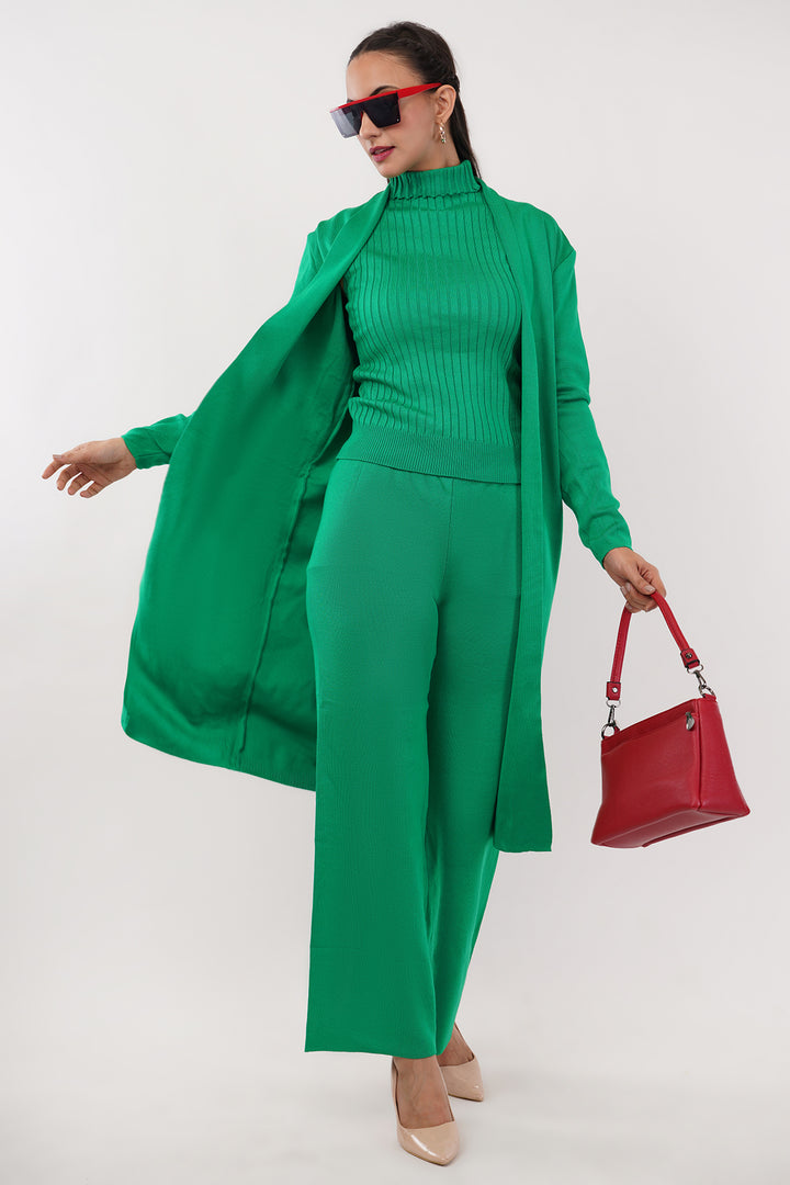 Green 3 pcs wollen cord set with Cape