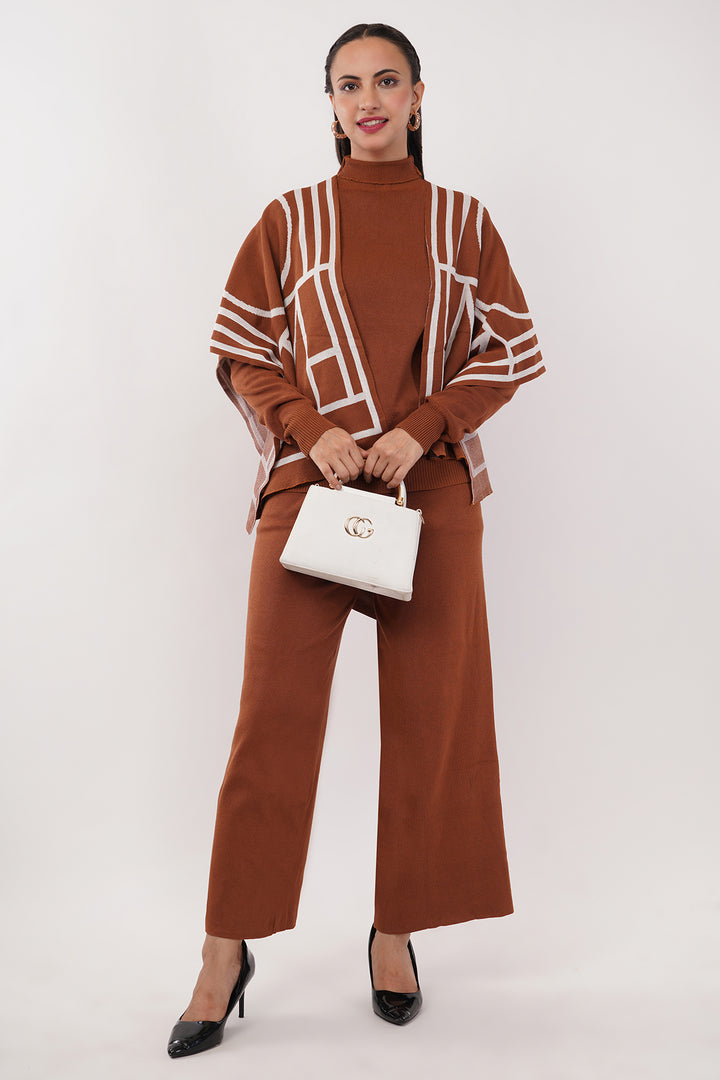 3 Pc Rust Wollen Pant Set with Shawl