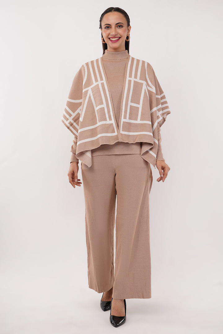 3 Pcs light Brown Wollen Pant set with shawl