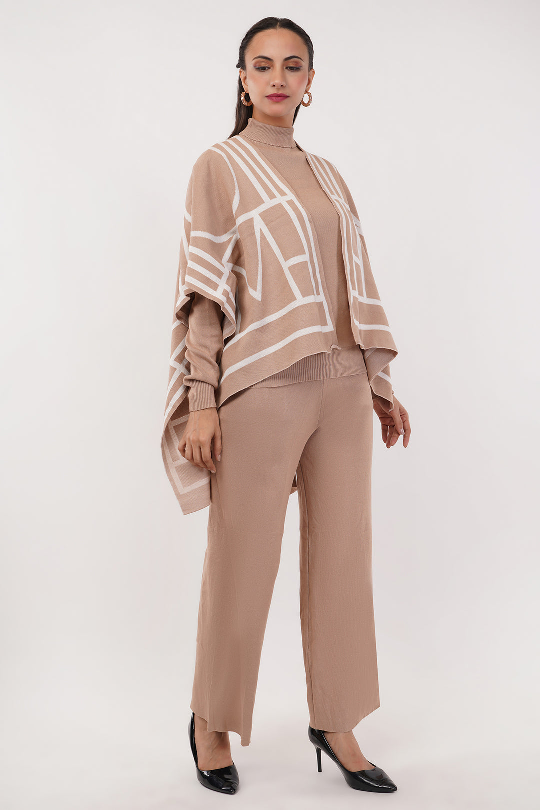 3 Pcs light Brown Wollen Pant set with shawl