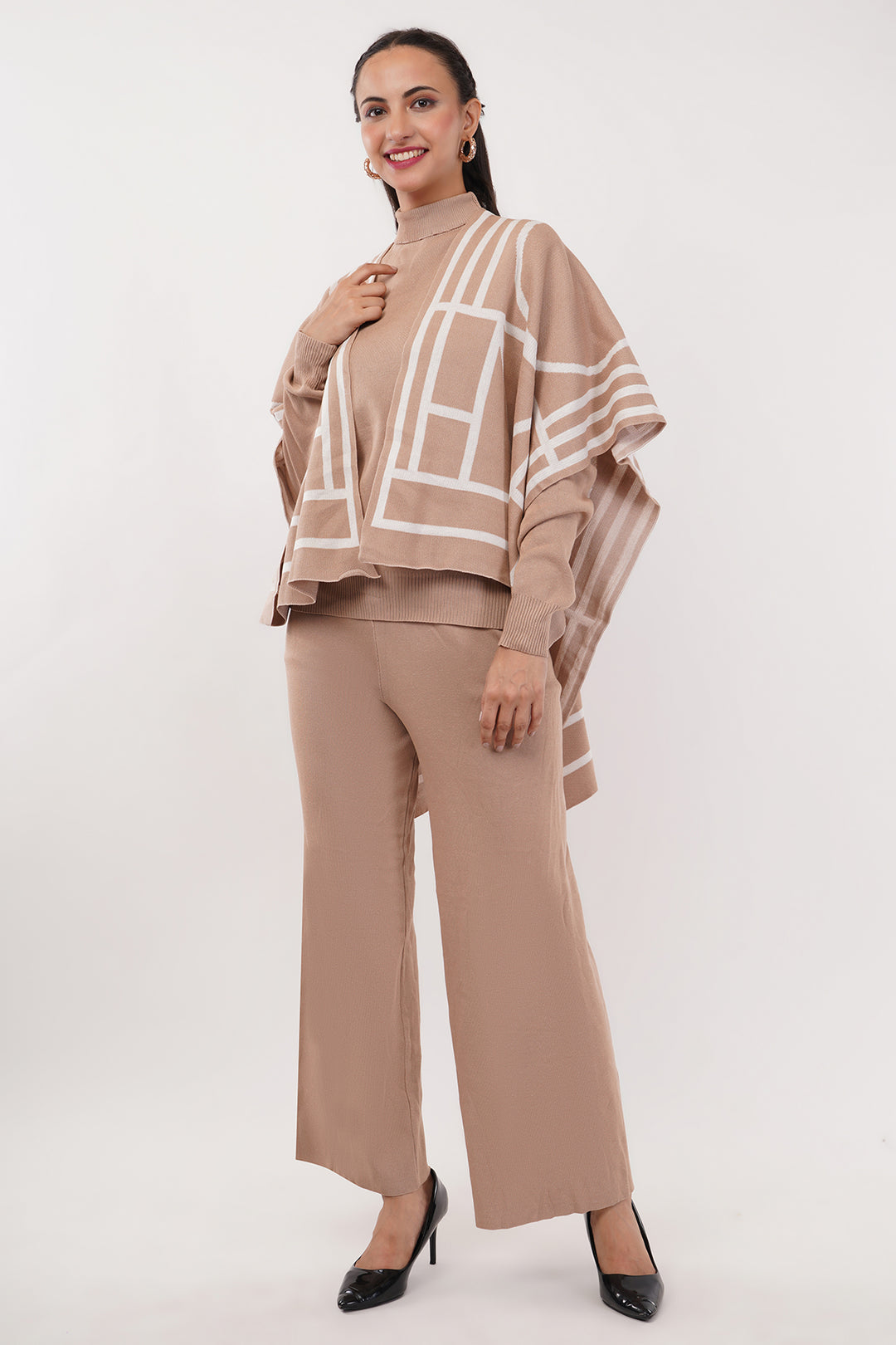 3 Pcs light Brown Wollen Pant set with shawl