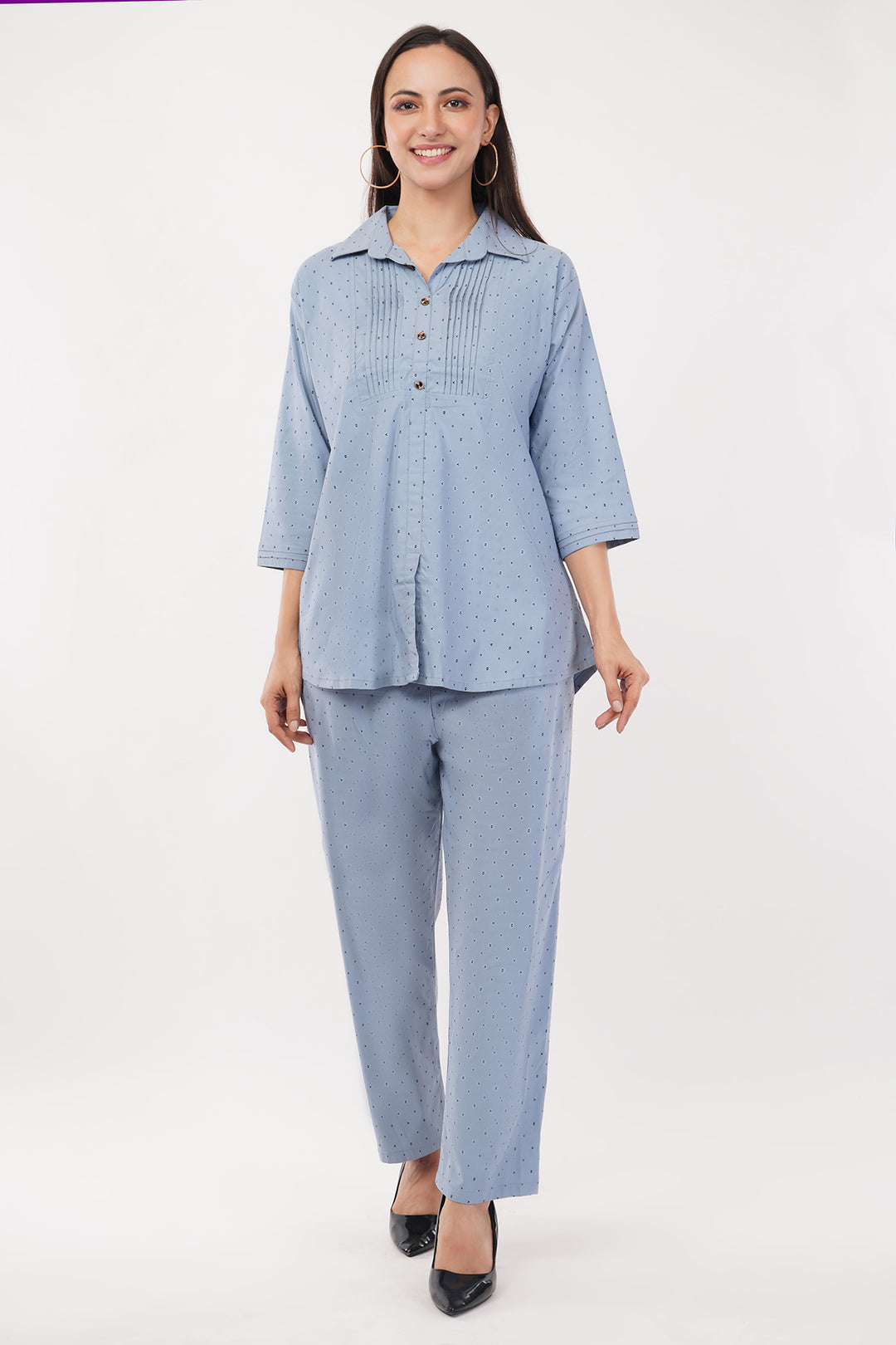 strechable light denim look 2pc cord set with pants and top