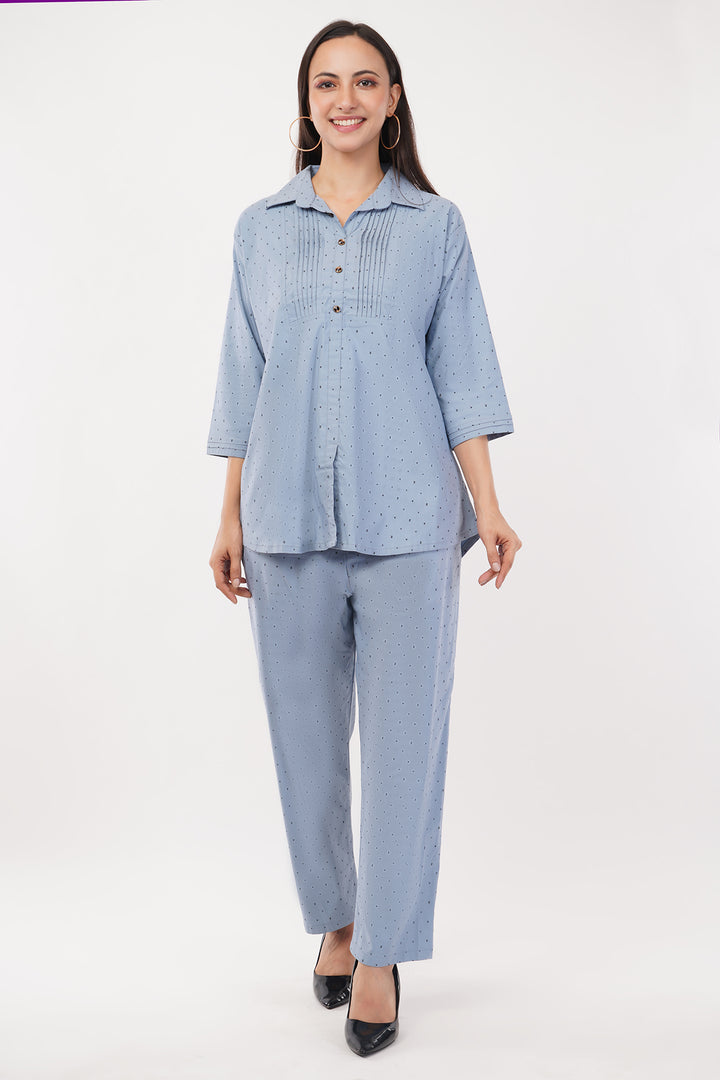strechable light denim look 2pc cord set with pants and top