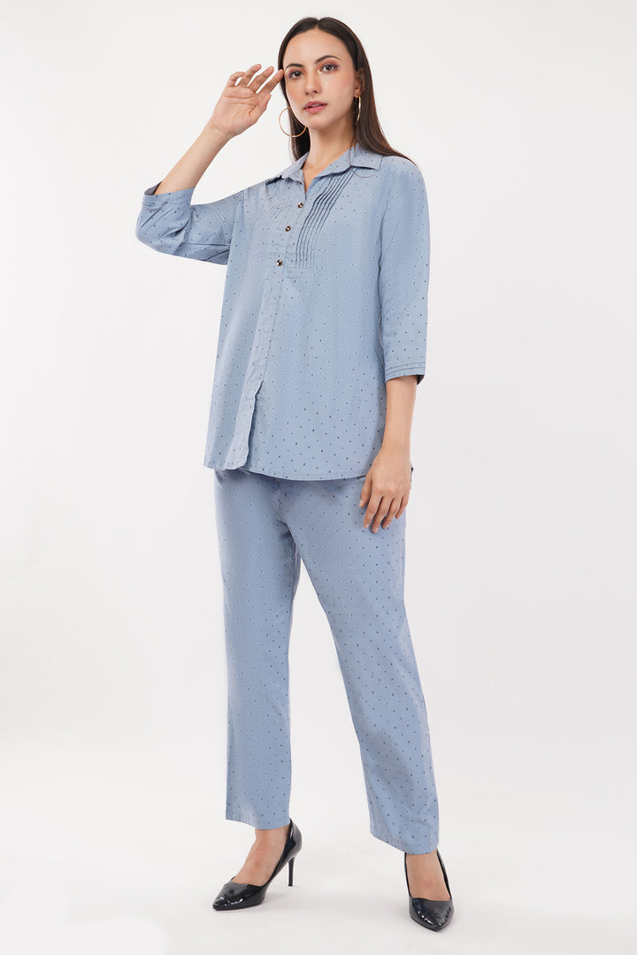 strechable light denim look 2pc cord set with pants and top