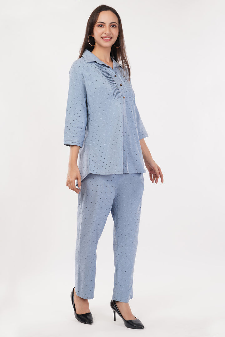 strechable light denim look 2pc cord set with pants and top