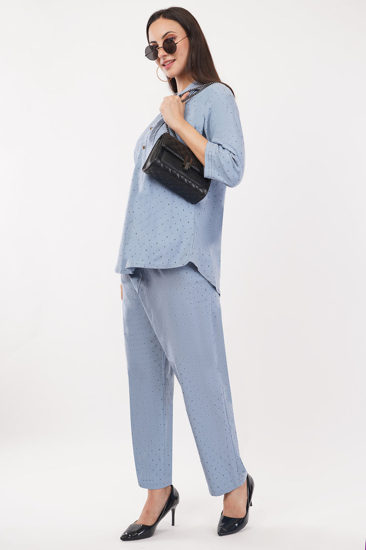 strechable light denim look 2pc cord set with pants and top