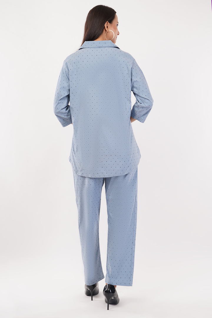 strechable light denim look 2pc cord set with pants and top