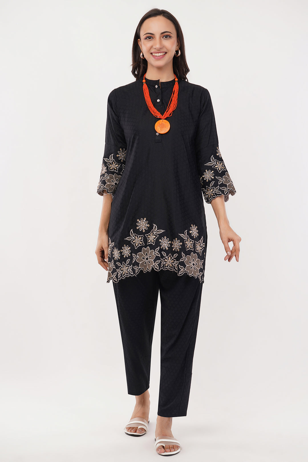 ultra soft self print emboss cotton black pant suit cord set style with embroider on the front