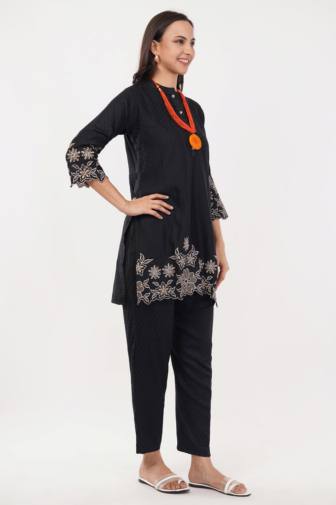 ultra soft self print emboss cotton black pant suit cord set style with embroider on the front