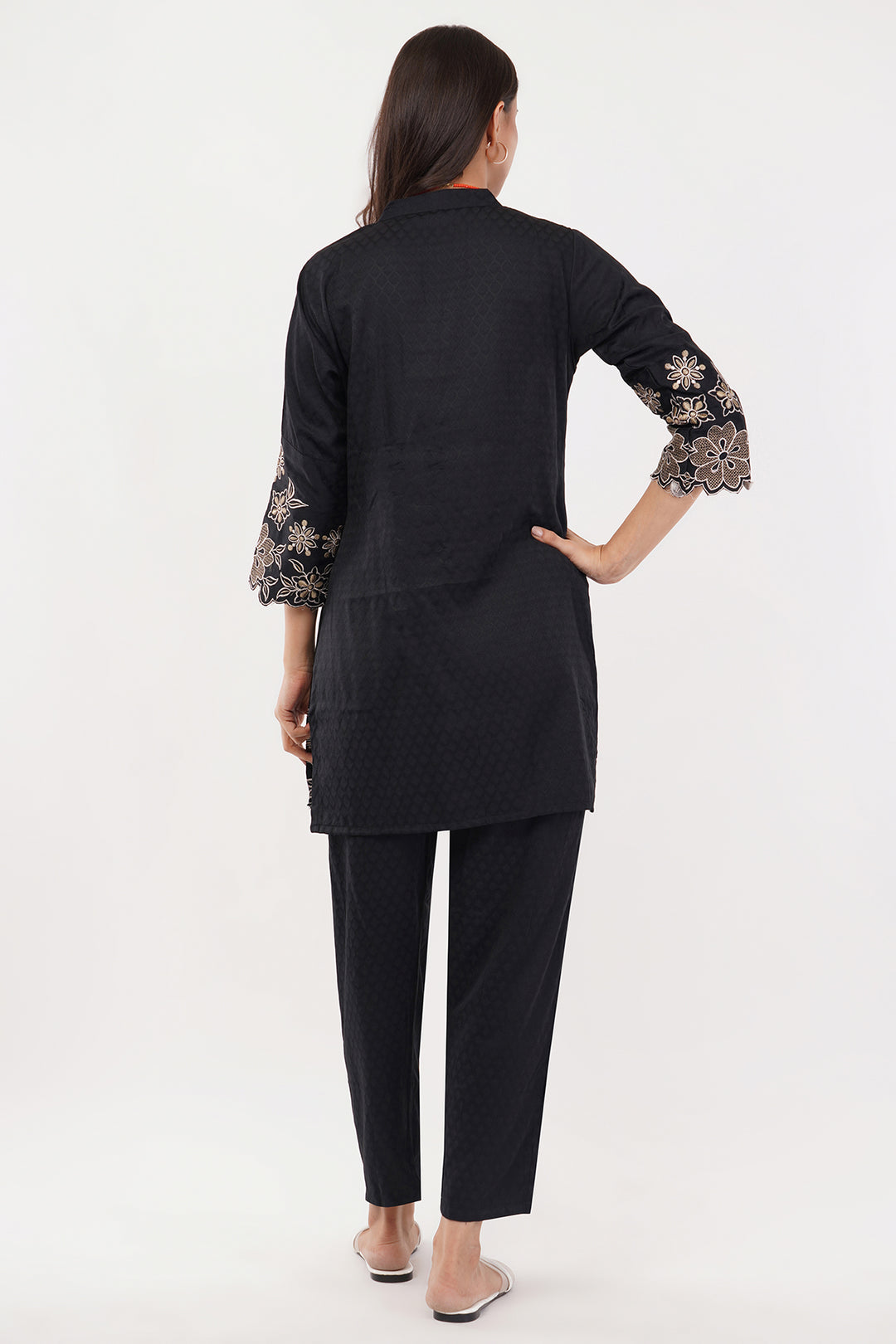 ultra soft self print emboss cotton black pant suit cord set style with embroider on the front