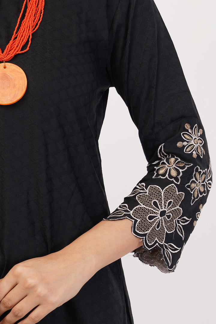 ultra soft self print emboss cotton black pant suit cord set style with embroider on the front