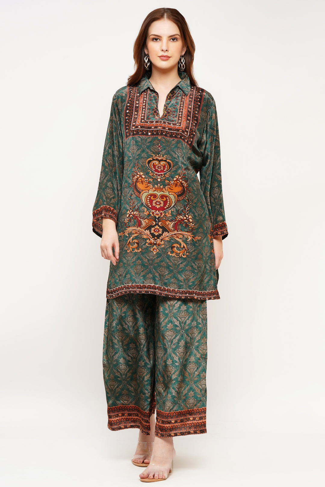 Pure Crepe green designer print with hand work short cord kurta set