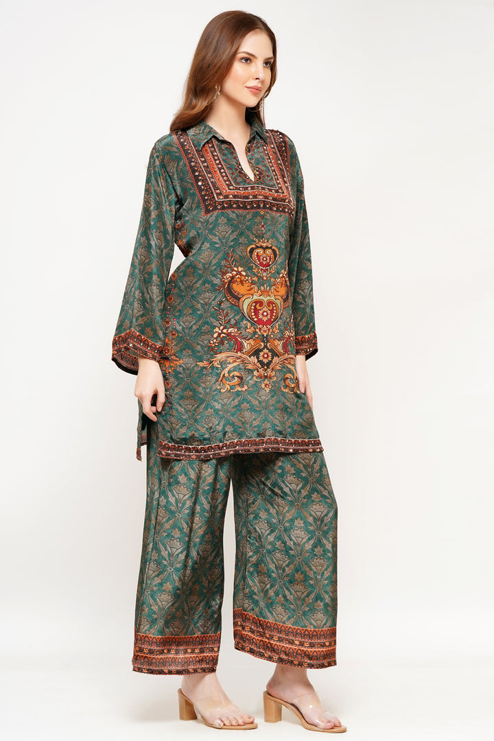 Pure Crepe green designer print with hand work short cord kurta set