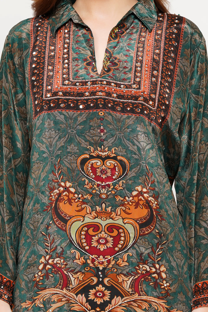 Pure Crepe green designer print with hand work short cord kurta set