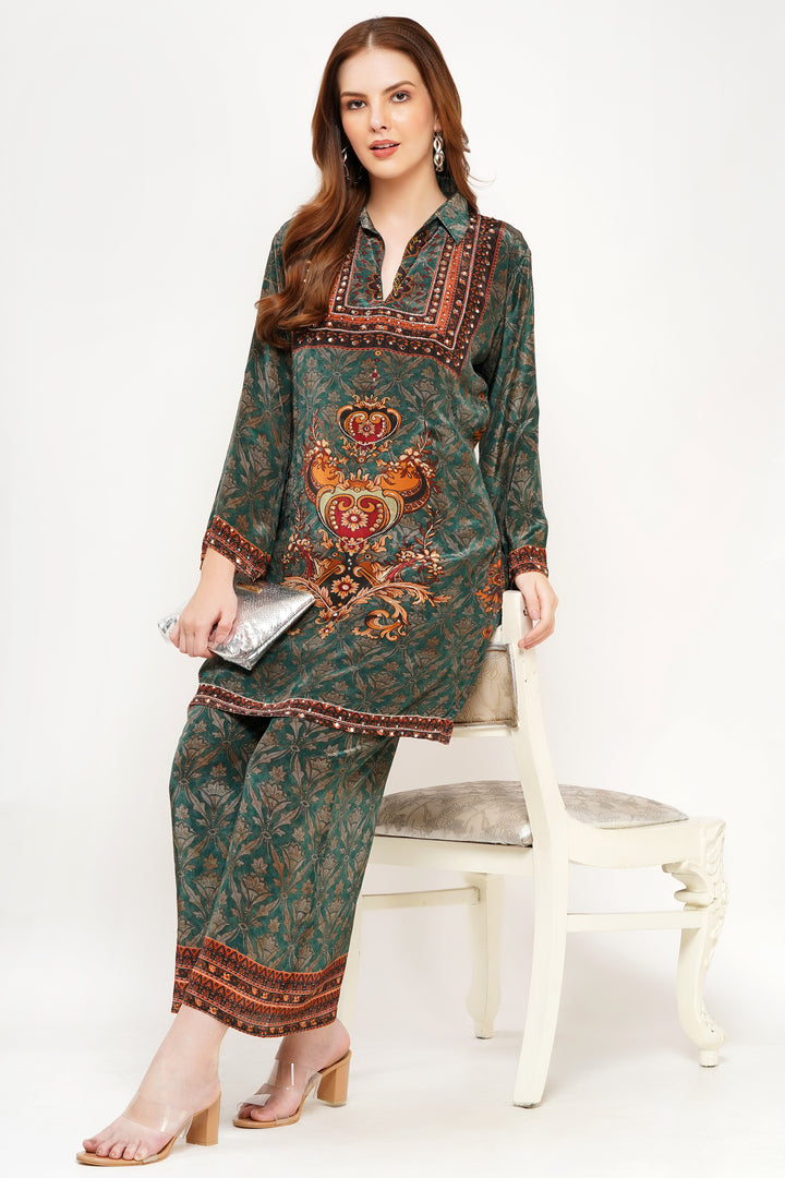 Pure Crepe green designer print with hand work short cord kurta set