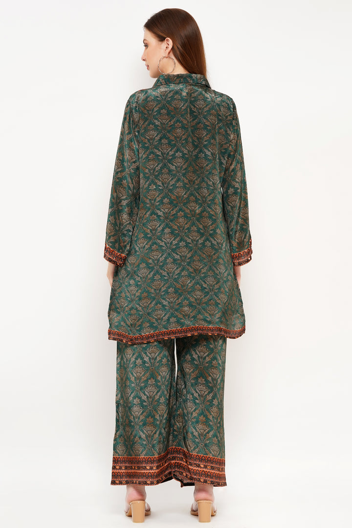 Pure Crepe green designer print with hand work short cord kurta set